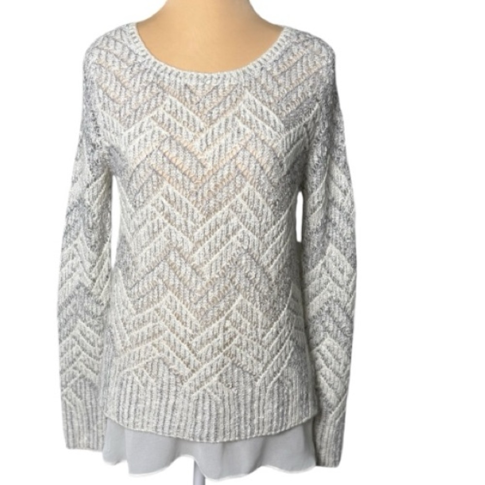 Lucky Brand EUC Cream Chevron Metallic Silver Sweater Chiffon Hem Crochet Knit S